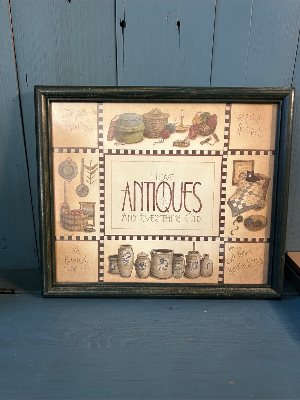 Vintage Green Framed 'I Love Antiques' Wall Accent | 11 x 13”